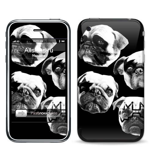 Наклейка на Телефон Apple iPhone 3G, 3Gs Мопсс,  купить в Москве – интернет-магазин Allskins, крутые животные, животные, Мопс, собаки, группа, музыка, милые животные, рокнролл
