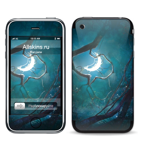 Наклейка на Телефон Apple iPhone 3G, 3Gs Ночная фантазия,  купить в Москве – интернет-магазин Allskins, фантазия, деревья, иллюстация, ночь, лес, месяц, солнце, концепт