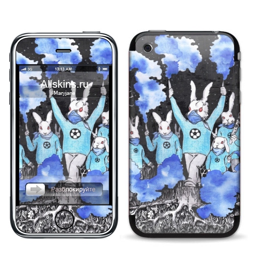 Наклейка на Телефон Apple iPhone 3G, 3Gs Кролики около футбола,  купить в Москве – интернет-магазин Allskins, кролики, заяц, футбол, футбольные_фанаты, болельщики
