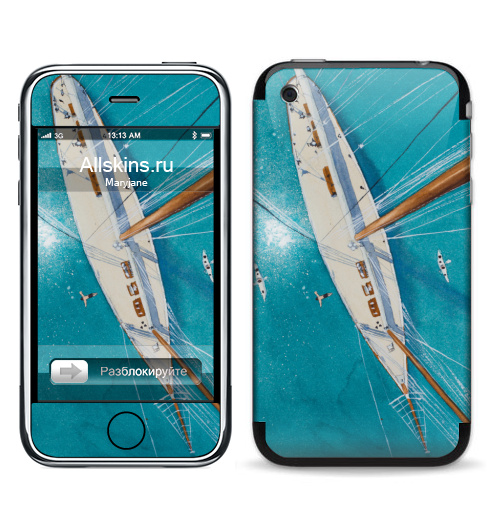 Наклейка на Телефон Apple iPhone 3G, 3Gs Каникулы на яхте,  купить в Москве – интернет-магазин Allskins, аникулыы, отдых, вода, бирюзовый, мачты, лазурный, белый, морская, яхта