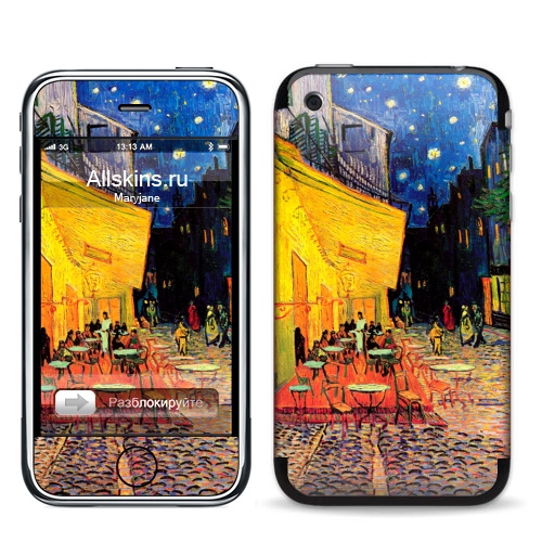 Наклейка на Телефон Apple iPhone 3G, 3Gs Ночная террасса кафе. Ван Гог,  купить в Москве – интернет-магазин Allskins, позитив, жизнерадостный, Ночнаятеррасса, Ван Гог, живописный, желтый, синий, красный, живопись, художник, художественный, мазки, кафе, ночь, плакат