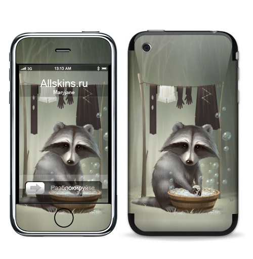 Наклейка на Телефон Apple iPhone 3G, 3Gs Енот полоскун,  купить в Москве – интернет-магазин Allskins, милые животные, прикол, животные, лес, пузырьки, мыльный, стирка, енот