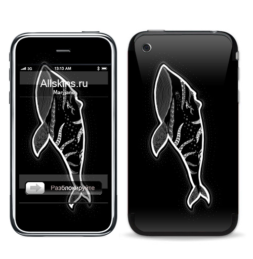 Наклейка на Телефон Apple iPhone 3G, 3Gs Кит с рожками,  купить в Москве – интернет-магазин Allskins, животные, этно, зентангл, дзен, дотворк, киты, морская, рожки