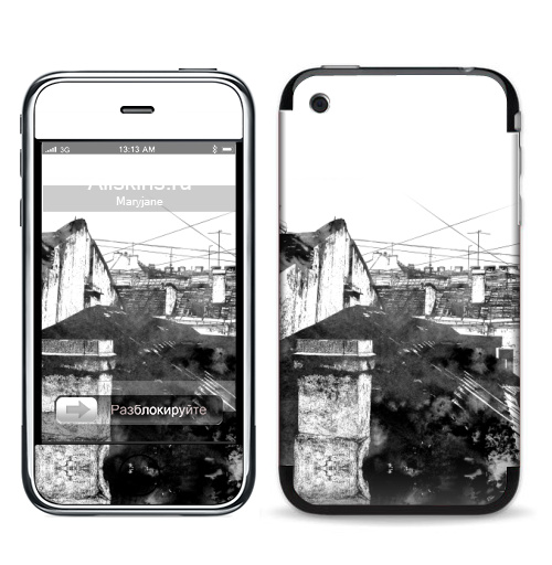 Наклейка на Телефон Apple iPhone 3G, 3Gs Туманный город,  купить в Москве – интернет-магазин Allskins, черно-белое, город, городскойстиль, серый, сером, графика, Питер