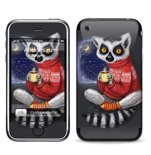 Наклейка на Телефон Apple iPhone 3G, 3Gs Уютный лемур,  купить в Москве – интернет-магазин Allskins, милые животные, теплый, мило, животные, новый год, ночь, какао, уютно, зима, свитер, лемур