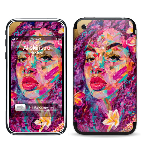 Наклейка на Телефон Apple iPhone 3G, 3Gs Пурпурная Плюмерия,  купить в Москве – интернет-магазин Allskins, девушка, цветы, нежно, красота, плакат, образ, глаз, Париж, плюмерия
