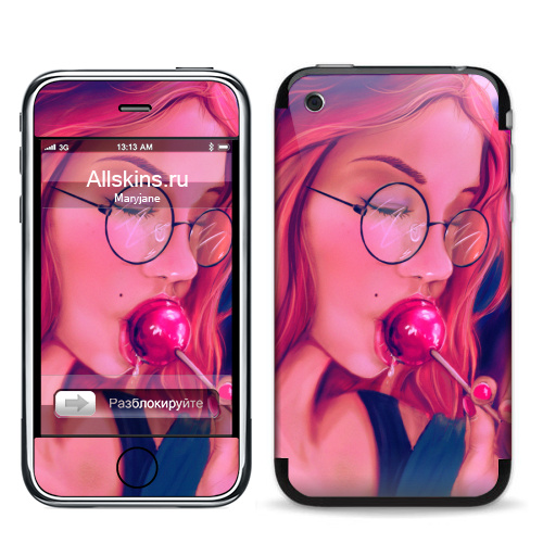 Наклейка на Телефон Apple iPhone 3G, 3Gs Девушка с чупачупсом,  купить в Москве – интернет-магазин Allskins, девушка, чупачупс, конфетти, розовый, молодость