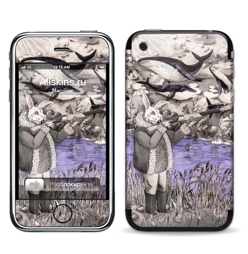 Наклейка на Телефон Apple iPhone 3G, 3Gs Разлетались тут,  купить в Москве – интернет-магазин Allskins, дед, злой_кролик, заяц, летающие_киты, киты, ружьё