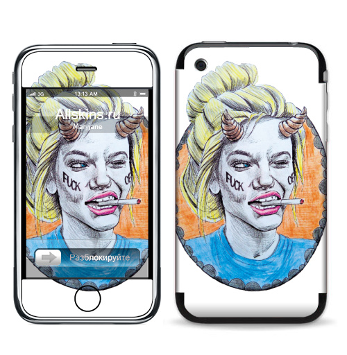 Наклейка на Телефон Apple iPhone 3G, 3Gs Фак оф,  купить в Москве – интернет-магазин Allskins, хуйня, красота, рогатый, графика, портреты, брутально, девушка