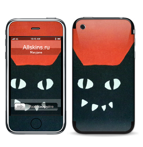 Наклейка на Телефон Apple iPhone 3G, 3Gs Черный кот на красном.,  купить в Москве – интернет-магазин Allskins, кошка, животные, Красночерный, черный, черныйкот, красный, Глазищи, зубастый