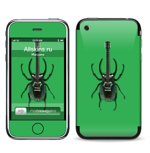Наклейка на Телефон Apple iPhone 3G, 3Gs Музыка насекомых,  купить в Москве – интернет-магазин Allskins, жук, насекомые, гитара, зеленый, музыка, природа, поп-арт, сюрреализм