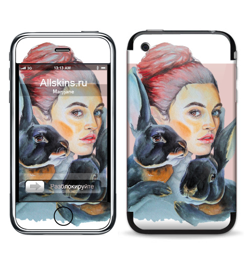 Наклейка на Телефон Apple iPhone 3G, 3Gs Тотем кролики,  купить в Москве – интернет-магазин Allskins, девушка, акварель, глаз, Тотемы, кролики, розовый, хитрый, животные