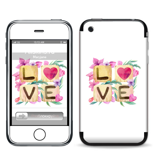 Наклейка на Телефон Apple iPhone 3G, 3Gs Любовь в квадрате,  купить в Москве – интернет-магазин Allskins, иллюстация, акварель, розовый, охра, сердце, любовь, день_святого_валентина