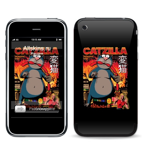 Наклейка на Телефон Apple iPhone 3G, 3Gs КОТЗИЛЛА,  купить в Москве – интернет-магазин Allskins, годзилла, кино, персонажи, котята, кошка, ужасный, пародия, прикол, приключения
