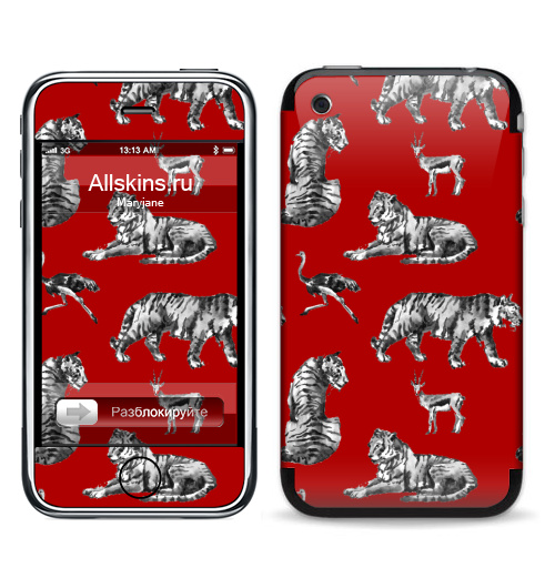 Наклейка на Телефон Apple iPhone 3G, 3Gs Тигры на красном,  купить в Москве – интернет-магазин Allskins, зверушки, африка, Саванна, антилопа, дикая, природа, фауна, хищник, добыча