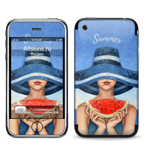 Наклейка на Телефон Apple iPhone 3G, 3Gs Предвкушение,  купить в Москве – интернет-магазин Allskins, девушка, шляпа, арбуз, морская, дама, масляная, мазки, картины, яркий