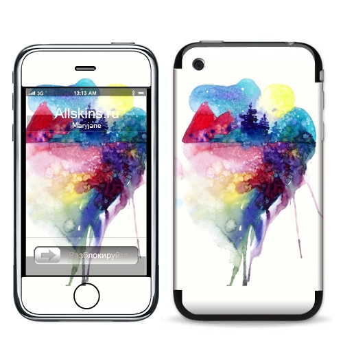 Наклейка на Телефон Apple iPhone 3G, 3Gs Яркий акварельный пейзаж,  купить в Москве – интернет-магазин Allskins, яркий, акварель, пейзаж, треугольник, стильно, модный, молодежный, детские, горы