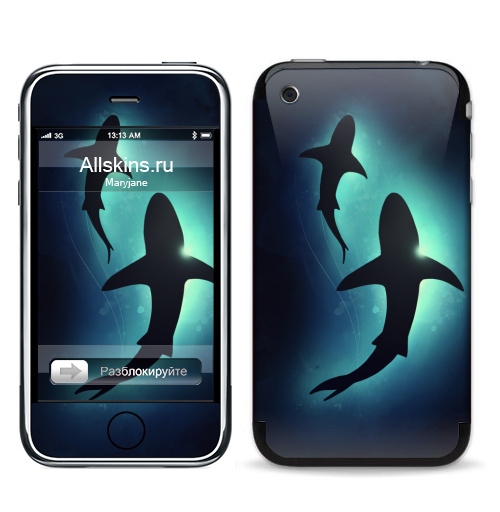 Наклейка на Телефон Apple iPhone 3G, 3Gs Черные акулы,  купить в Москве – интернет-магазин Allskins, брызги, акварель, иллюстация, паттерн, солнце, вода, оекан, морская, рыба, акула