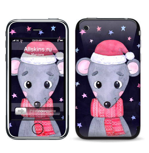 Наклейка на Телефон Apple iPhone 3G, 3Gs Новогодняя мышка,  купить в Москве – интернет-магазин Allskins, крутые животные, мило, годмыши, крысы, новогоднеенастроение, новый год, мышь