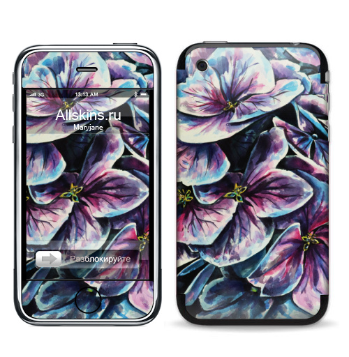 Наклейка на Телефон Apple iPhone 3G, 3Gs Фиолетовые цветы,  купить в Москве – интернет-магазин Allskins, фиолетовый, акварель, цветокакварель, цветы