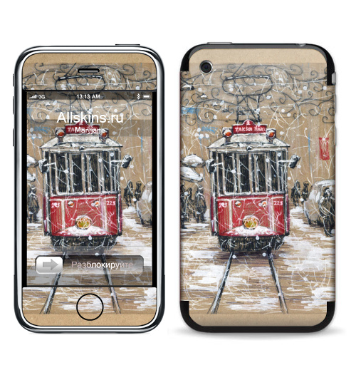 Наклейка на Телефон Apple iPhone 3G, 3Gs Стамбульский трамвай в снегу,  купить в Москве – интернет-магазин Allskins, трамвай, Стамбул, снег