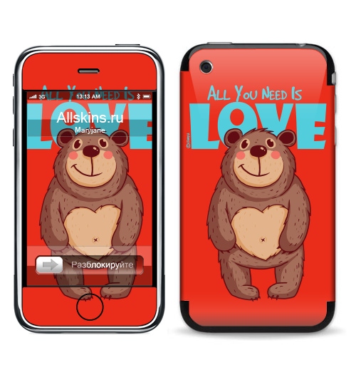 Наклейка на Телефон Apple iPhone 3G, 3Gs All You Need Is Love,  купить в Москве – интернет-магазин Allskins, крутые животные, милые животные, 300 Лучших работ, надписи на английском, 8 марта, для_влюбленных, медведь, битлз, улыбка, подарки, надписи, любовь, прикольные_надписи, детские, продажи_надписи