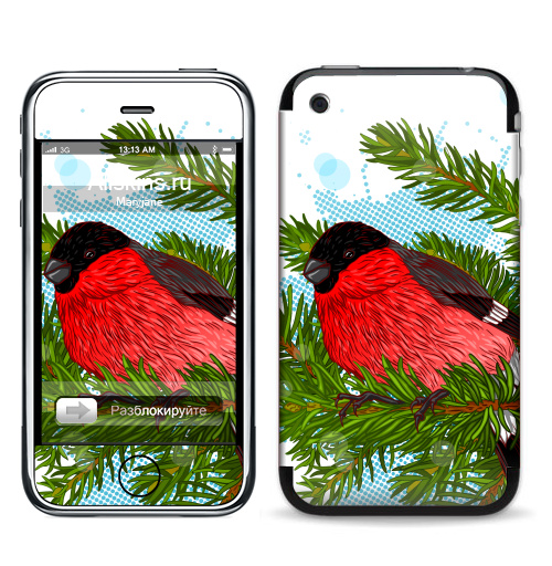 Наклейка на Телефон Apple iPhone 3G, 3Gs Снегирь,  купить в Москве – интернет-магазин Allskins, новый год, зима, птицы, снег, снегирь