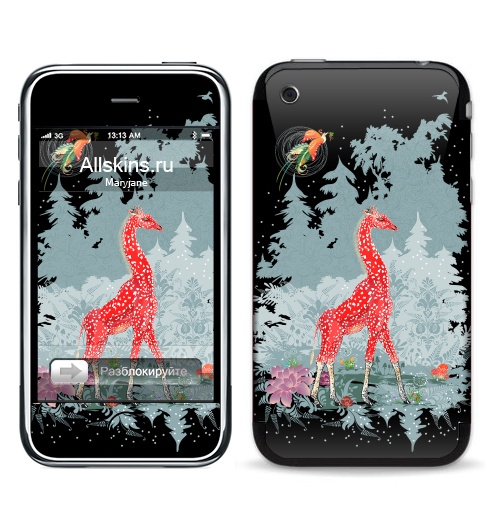Наклейка на Телефон Apple iPhone 3G, 3Gs Жираф-мухомор в зимнем лесу,  купить в Москве – интернет-магазин Allskins, детские, животные, красный, лес, ночь, природа, сказки, грибы, прикольные_рисунки, милые животные, жираф, серый, новогоднеенастроение, снег