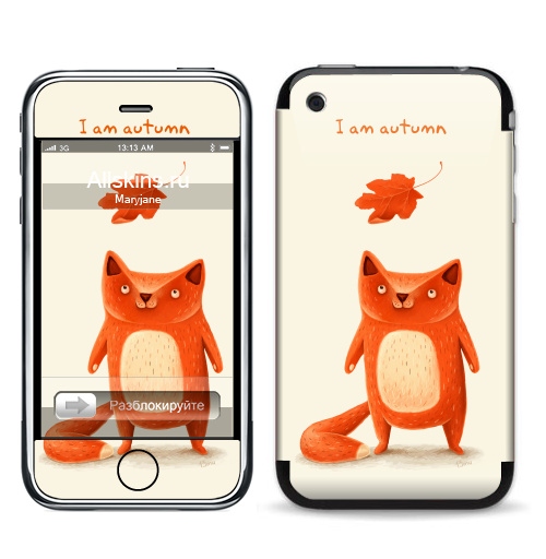 Наклейка на Телефон Apple iPhone 3G, 3Gs Я — осень,  купить в Москве – интернет-магазин Allskins, крутые животные, осень, оранжевый, лиса, животные, детские, милые животные