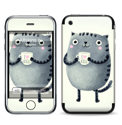 Наклейка на Телефон Apple iPhone 3G, 3Gs Кот I love to kill,  купить в Москве – интернет-магазин Allskins, серый, чай и кофе, уют, убийство, кошка, любовь, новый год, розовый, 300 Лучших работ, крутые животные
