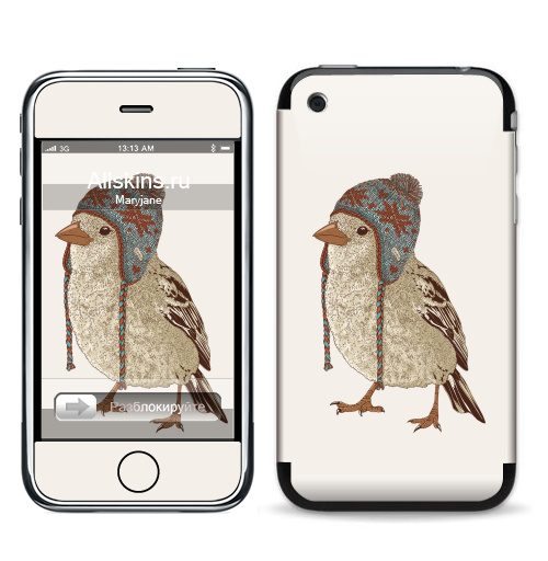 Наклейка на Телефон Apple iPhone 3G, 3Gs Птица в шапке,  купить в Москве – интернет-магазин Allskins, 300 Лучших работ, пипстер, шапка, птицы, зима, новый год, коричневый, крутые животные