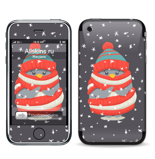 Наклейка на Телефон Apple iPhone 3G, 3Gs Пингвин в шарфе и шапке,  купить в Москве – интернет-магазин Allskins, новый год, зима, лес, пингвин, снег, шапка, шарф, замерз