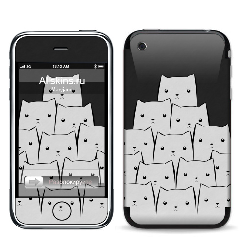 Наклейка на Телефон Apple iPhone 3G, 3Gs White Cats,  купить в Москве – интернет-магазин Allskins, уши, черный, кошка, белый, животные, черно-белое, 300 Лучших работ