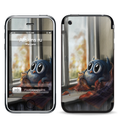 Наклейка на Телефон Apple iPhone 3G, 3Gs Vanilla Owl,  купить в Москве – интернет-магазин Allskins, ваниль, хипстер, сова, птицы, осень, графика, любовь, тренд, 300 Лучших работ