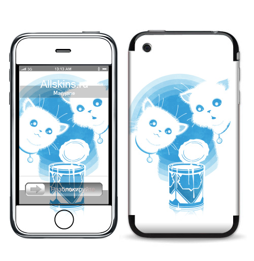 Наклейка на Телефон Apple iPhone 3G, 3Gs ДВА КОТЁНКА И СГУЩЁНКА,  купить в Москве – интернет-магазин Allskins, прикол, белый, голубой, кошка, синий, киса, сгущенка