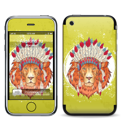 Наклейка на Телефон Apple iPhone 3G, 3Gs ВОЖДЬ ЗВЕРЕЙ,  купить в Москве – интернет-магазин Allskins, индеец, животные, лев, иллюстация, перья