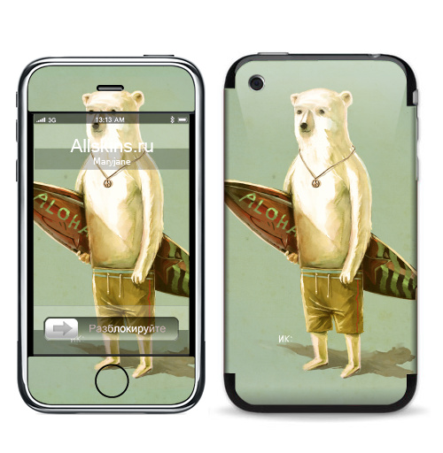Наклейка на Телефон Apple iPhone 3G, 3Gs Алоха,  купить в Москве – интернет-магазин Allskins, серфинг, медведь, лето, 300 Лучших работ
