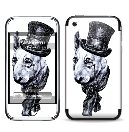 Наклейка на Телефон Apple iPhone 3G, 3Gs Сэр Бультерьер,  купить в Москве – интернет-магазин Allskins, крутые животные, черно-белое, животные, собаки, стимпанк, бультерьер, милые животные