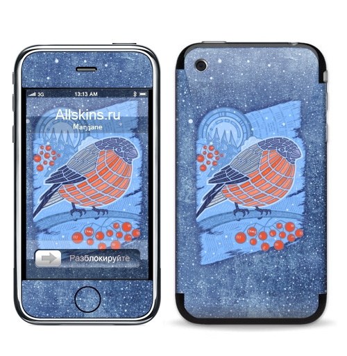 Наклейка на Телефон Apple iPhone 3G, 3Gs Снегирь,  купить в Москве – интернет-магазин Allskins, птицы, зима, абстракция, снегирь, новый год