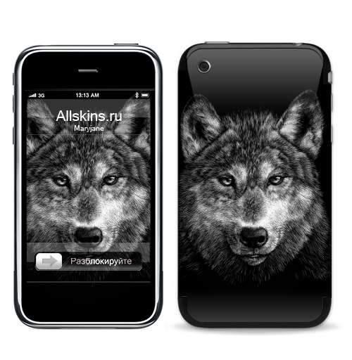 Наклейка на Телефон Apple iPhone 3G, 3Gs Волчище,  купить в Москве – интернет-магазин Allskins, морда, животные, волк, полностьючерный, 300 Лучших работ