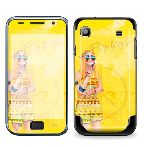 Наклейка на Телефон Samsung Galaxy S Plus Девушка Хиппи,  купить в Москве – интернет-магазин Allskins, девушка, лето, желтый, оранжевый, хиппи, очки, рыжая, любовь, солнце