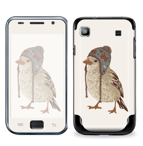 Наклейка на Телефон Samsung Galaxy S Plus Птица в шапке,  купить в Москве – интернет-магазин Allskins, 300 Лучших работ, пипстер, шапка, птицы, зима, новый год, коричневый, крутые животные