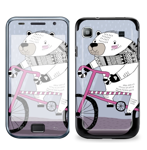 Наклейка на Телефон Samsung Galaxy S Plus Мишка на велике,  купить в Москве – интернет-магазин Allskins, милые животные, персонажи, медведь, велосипед, животные