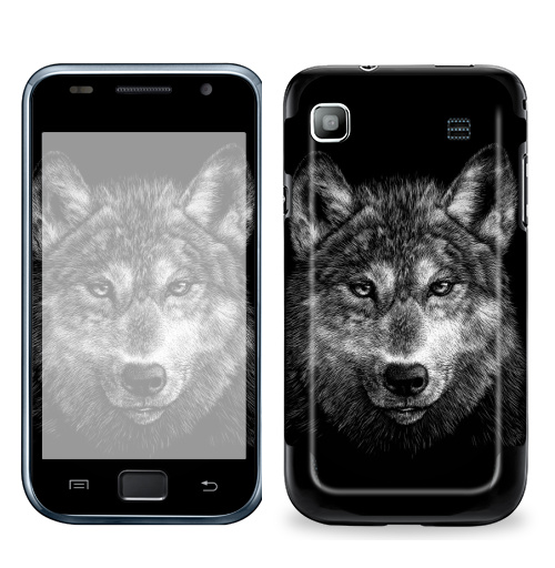 Наклейка на Телефон Samsung Galaxy S Plus Волчище,  купить в Москве – интернет-магазин Allskins, морда, животные, волк, полностьючерный, 300 Лучших работ