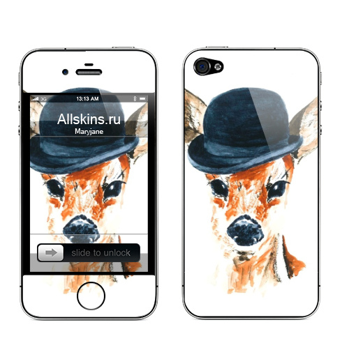 Наклейка на Телефон Apple iPhone 4S, 4 Олень в шляпе,  купить в Москве – интернет-магазин Allskins, крутые животные, цвет, олень, животные, акварель, милые животные