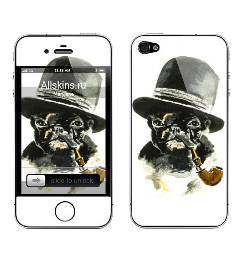 Наклейка на Телефон Apple iPhone 4S, 4 Бульдог в шляпе,  купить в Москве – интернет-магазин Allskins, крутые животные, собаки, цвет, животные, акварель