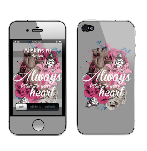 Наклейка на Телефон Apple iPhone 4S, 4 Всегда слушай свое сердце,  купить в Москве – интернет-магазин Allskins, надписи на английском, красота, цветы, краски, 8 марта, любовь, сердце, типографика