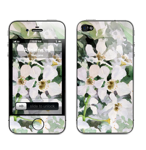 Наклейка на Телефон Apple iPhone 4S, 4 Весенние цветы,  купить в Москве – интернет-магазин Allskins, белый, рисунки, акварель, яблоко, цветы, зеленые, графика