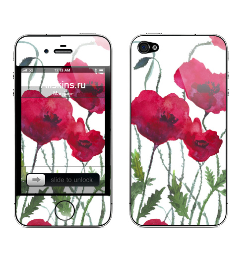 Наклейка на Телефон Apple iPhone 4S, 4 Маки,  купить в Москве – интернет-магазин Allskins, любовь, мак, цветокакварель, красота, красный, акварель, цветы, весна, природа