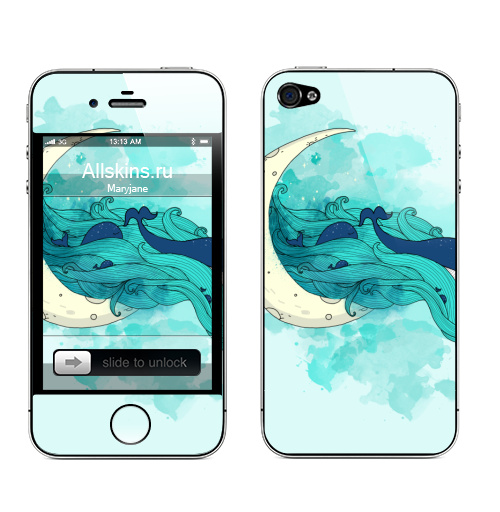 Наклейка на Телефон Apple iPhone 4S, 4 Звездные киты,  купить в Москве – интернет-магазин Allskins, звезда, волосы, морская, луна, месяц, небо, киты